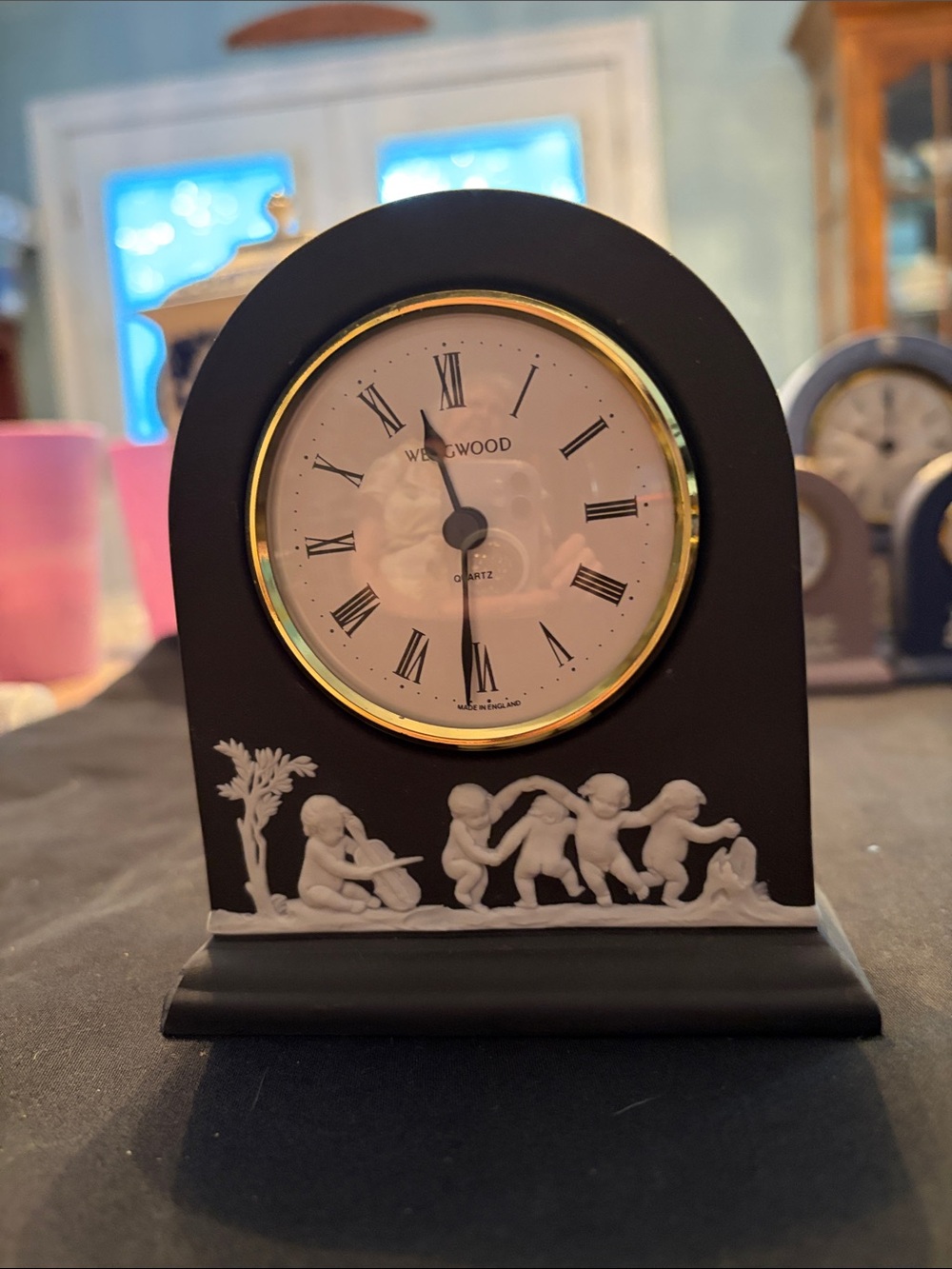 Wedgwood Clock Black with White Jasper Relief 5 1/4” tall 4 1/2” base
